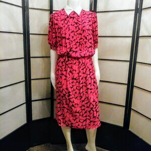80's Dress Hot Pink and Black with White Collar by Tradition Sears